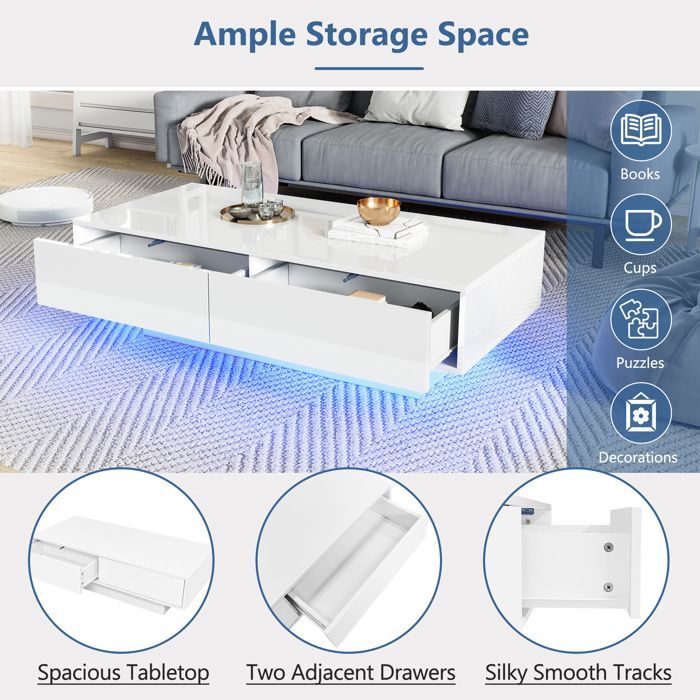Tavolino moderno con 2 cassetti e illuminazione a LED, complemento d'arredo per soggiorno, 115x55x34 cm, bianco lucido.