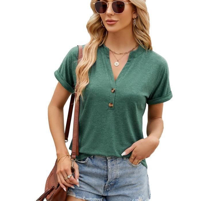 T-Shirt Femme Col En V Avec Boutons Manches Courtes Couleur Unie Casual Tee Shirt Lache Ete Tissu Confortable - Taille EU - Vert