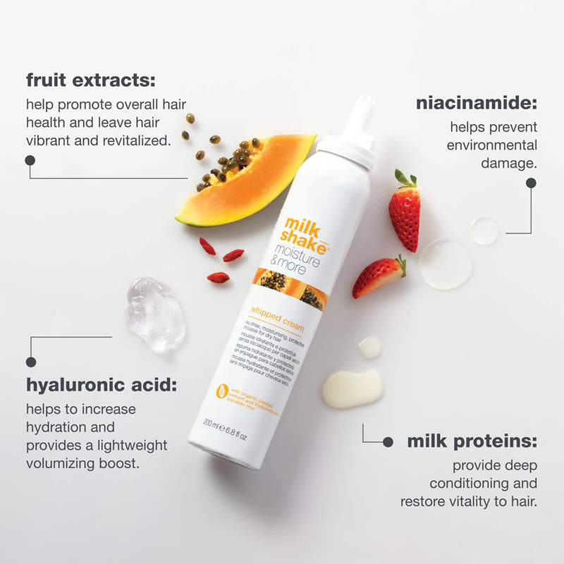 milk_shake® Moisture & More Whipped Cream, um tratamento hidratante sem enxágue para cabelos secos.