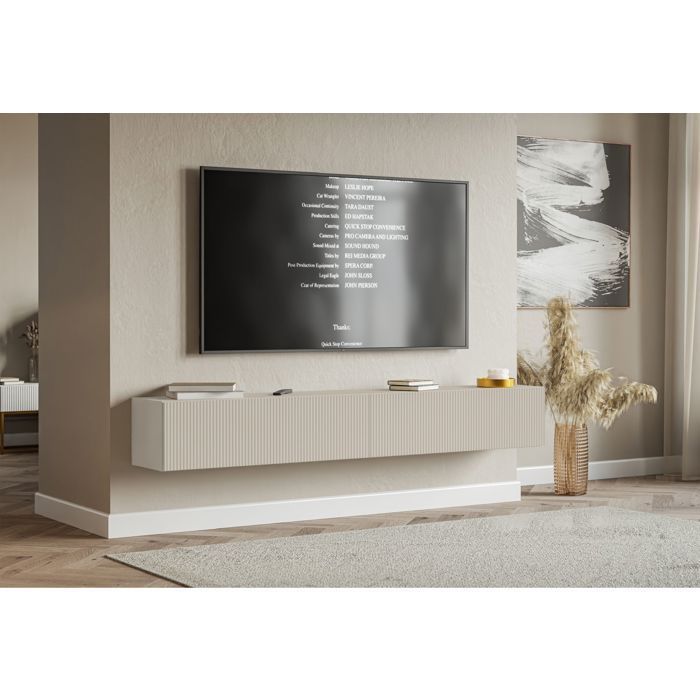Meuble TV mural avec façades à lamelles rainurées – VELDIO – 200 cm – beige gris