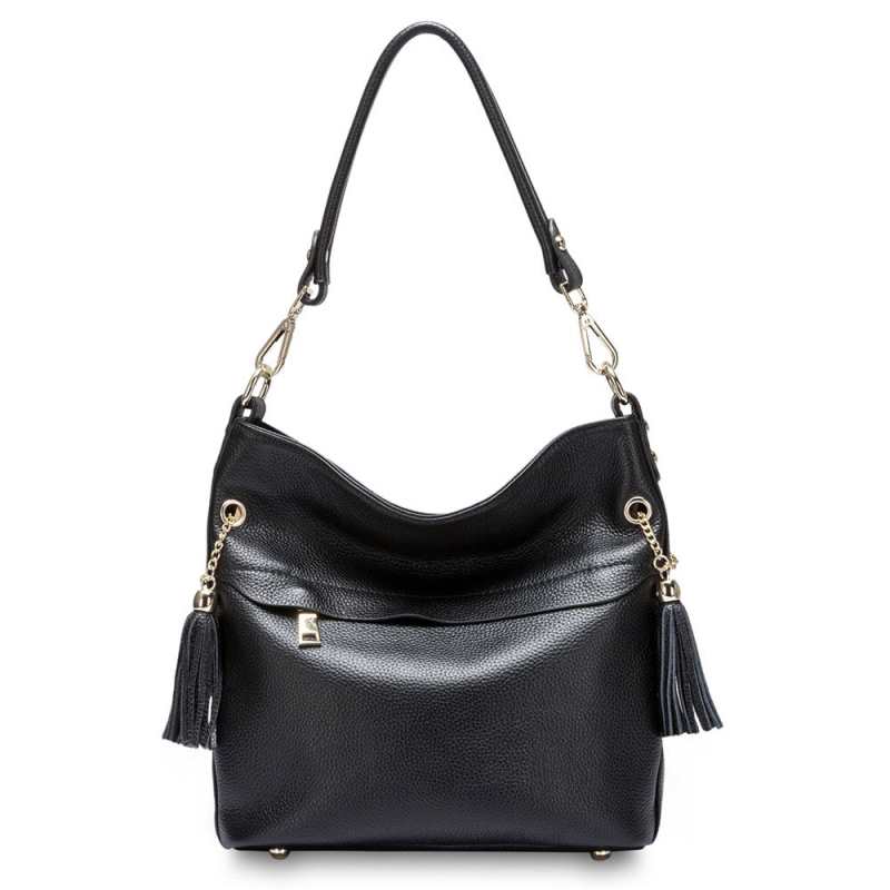 Sac bandoulière femme en cuir véritable avec pompon, style messager, noir et blanc.