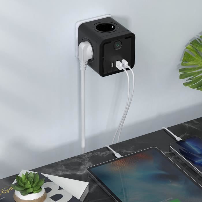 BLEOSAN Regleta de pared USB 7 en 1 - 4 tomas de corriente, 1 puerto USB-C y 2 puertos USB - 4000 W - Negra