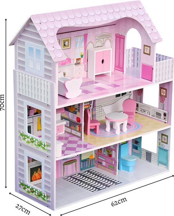 Rijoka Maison de poupée en bois avec meubles - 8 pièces - 3 étages - Rose classique - 62x27x70 cm