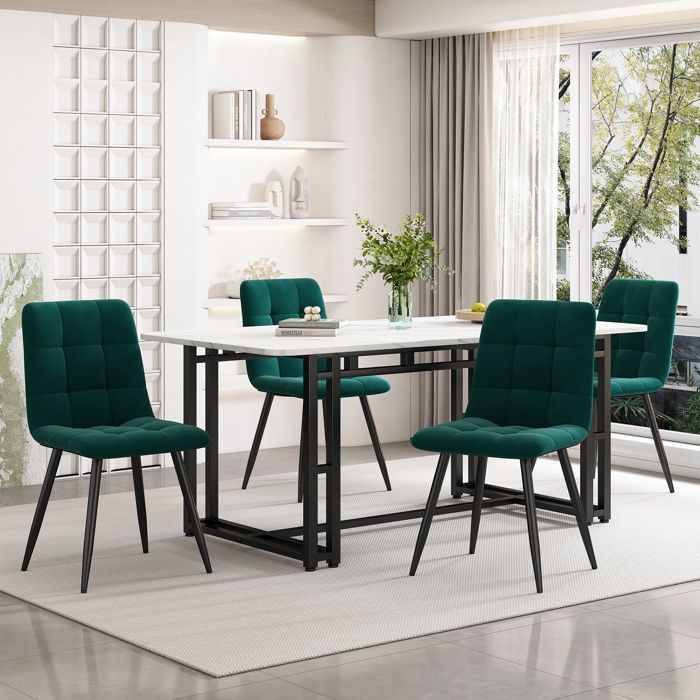 Juego de mesa de comedor con 4 sillas, mesa de cocina rectangular (140x80cm), sillas de comedor de terciopelo verde