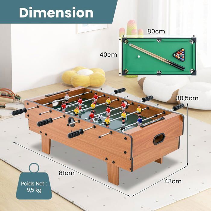 Mesa de futbolín COSTWAY 4 en 1 - Billar, ping-pong, hockey - Accesorios completos - Superficie de juego apilable - 81 x 43 cm - Hogar, bar - Natural