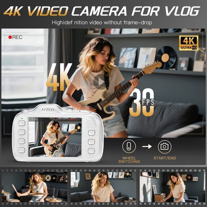 Appareil photo numérique 4K 64 MP pour la photographie avec autofocus, zoom 16x, design compact, inclut une carte SD 32 Go,Blanc