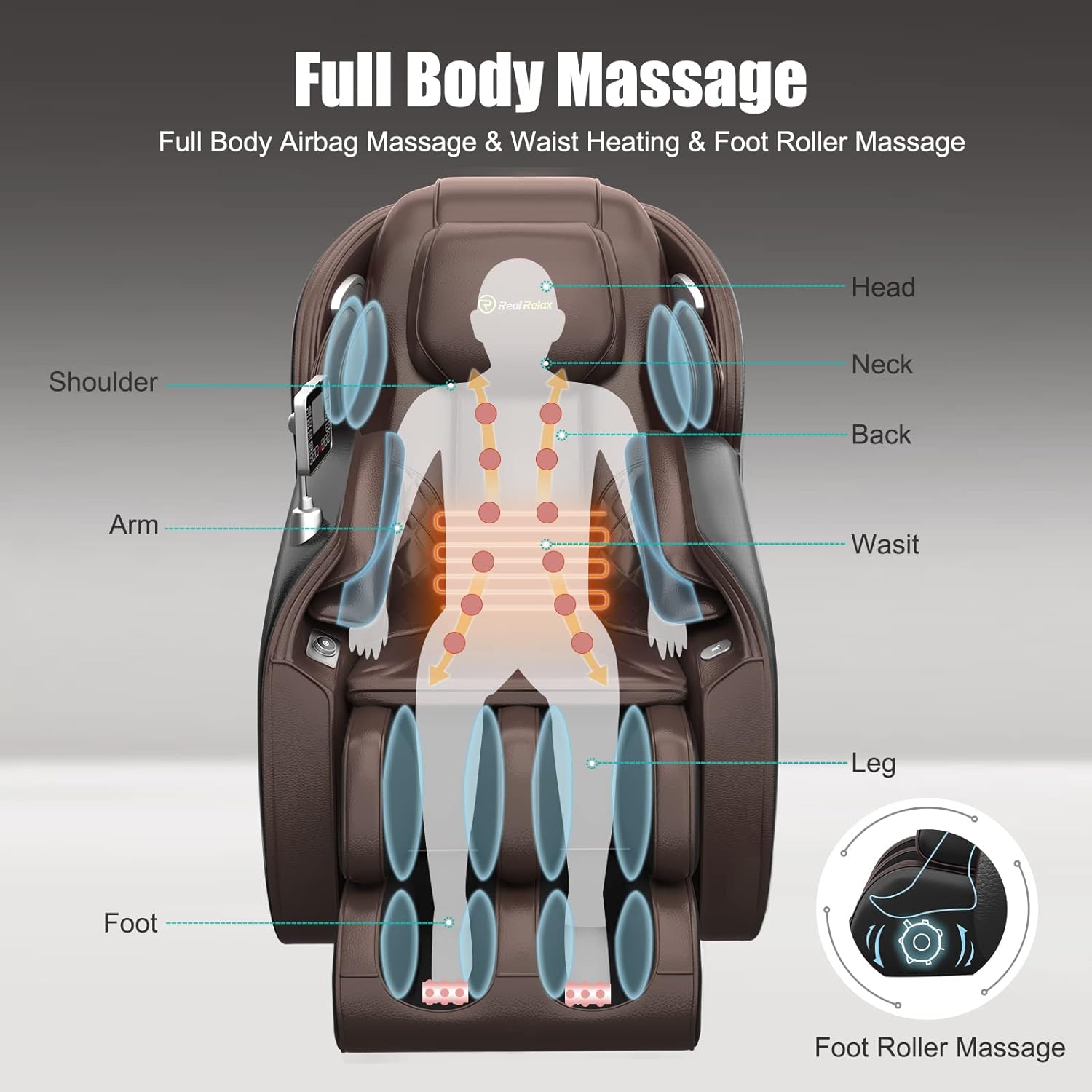 Real Relax -hierontatuoli, koko kehon nollapainovoimainen SL-Track Shiatsu -hierontatuoli, jossa lämmönsiirtovartalon skannaus, Bluetooth-jalkarulla, APP-ohjaus, Favor-06 Brown