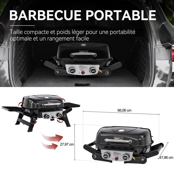 Barbecue Gaz Portable - Royal Gourmet - 2 Brûleurs Puissance 5 kW, Surface Cuisson 48 x 37 cm - avec Tables Latérales