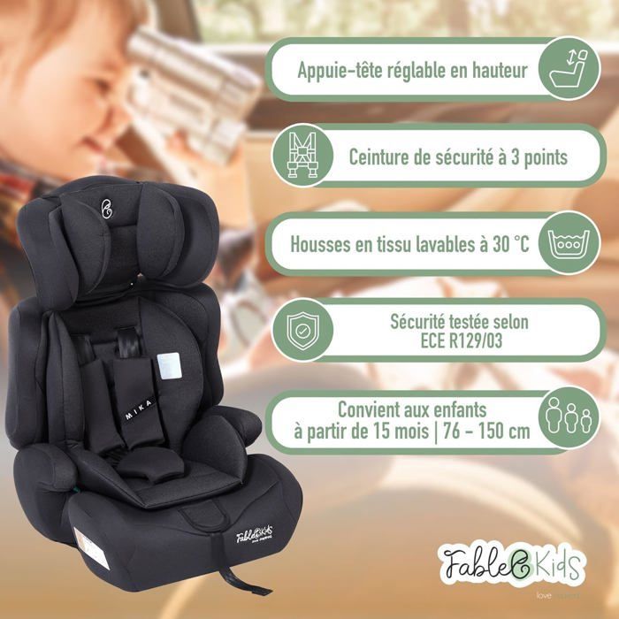 FableKids Siège auto pour enfants | Ceinture de sécurité à 3 points | Siège auto pour enfants 76-150 cm | Gris