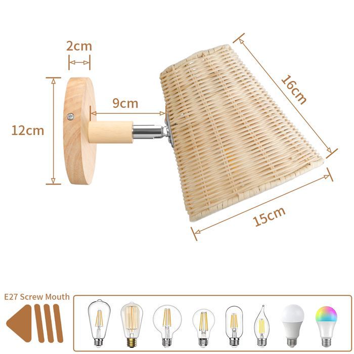 SNOGOLD 2 apliques de pared de ratán tejido, portalámparas E27, pantalla de bambú tejida a mano, lámpara de pared para dormitorio/sala de estar.