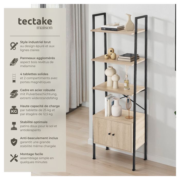 Shelf - TECTAKE - BRENTWOOD shelf with minimalist and industrial design in chipboard, 57.5 x 34 x 173 cm - Light wood