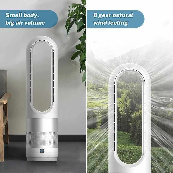 Ventilatore a piantana silenzioso con telecomando - Ventilatore senza pale - 8 velocità - Oscillazione a 80° - Timer di 8 ore - Argento