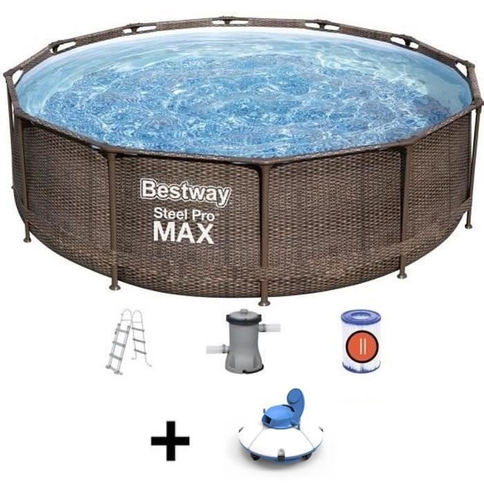 Kit de piscina tubular elevada BESTWAY Steel Pro Max™ - 366 x 100 cm - Redonda + Limpiador robótico de piscinas Guppy