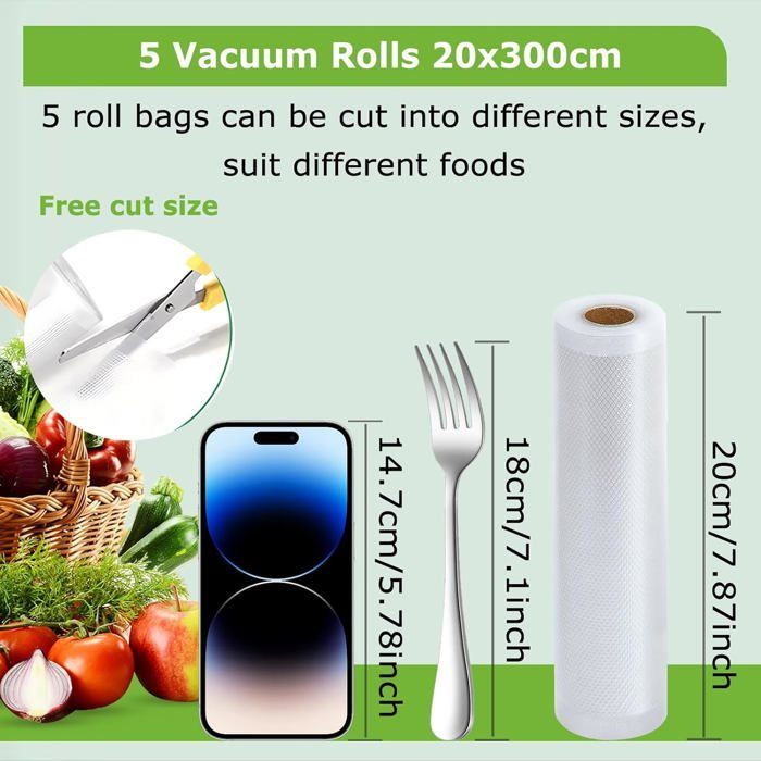 Sac Sous Vide Alimentaire, 5 Rouleaux 20Cm X 3M/Rouleau Film Sous Vide Alimentaire, Approuvé Par La Fda, Lfgb, Sac Congelati[MA242]