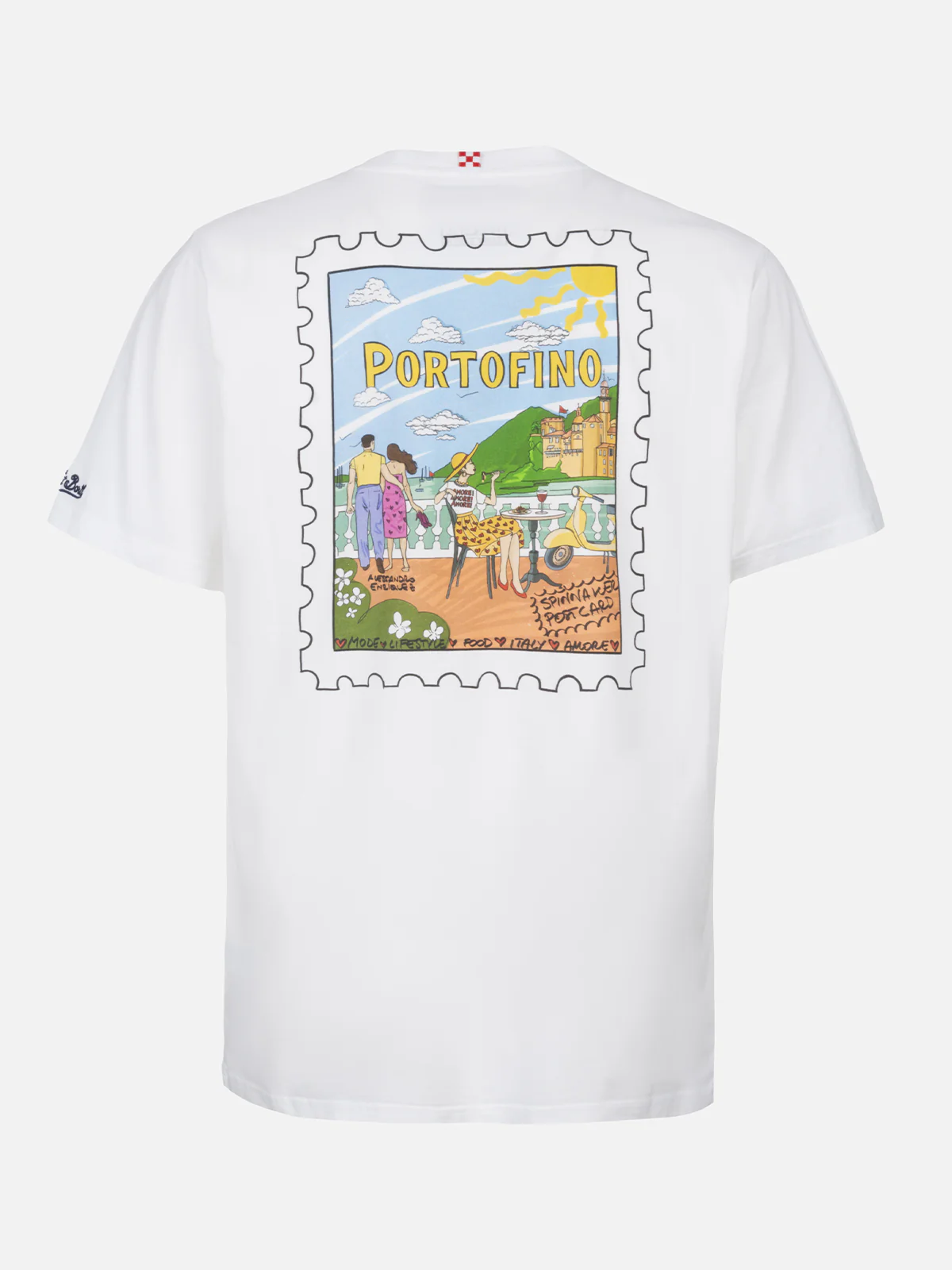 Heren katoenen T-shirt met een ansichtkaartprint van Portofino op de voor- en achterkant.