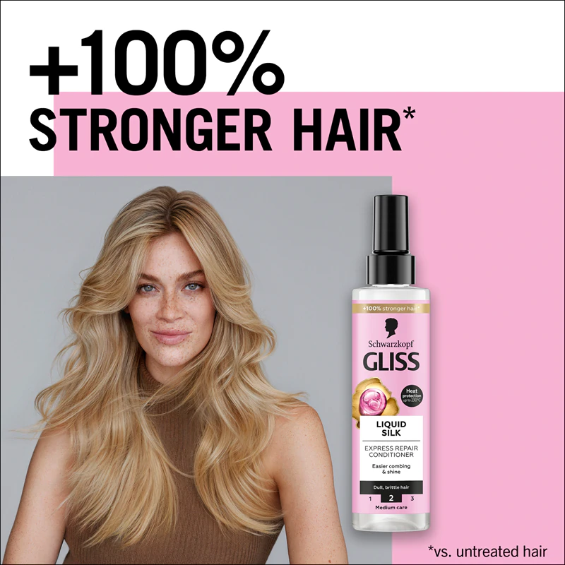 Schwarzkopf Gliss Liquid Silk leave-in conditioner versterkt het haar en geeft het glans.