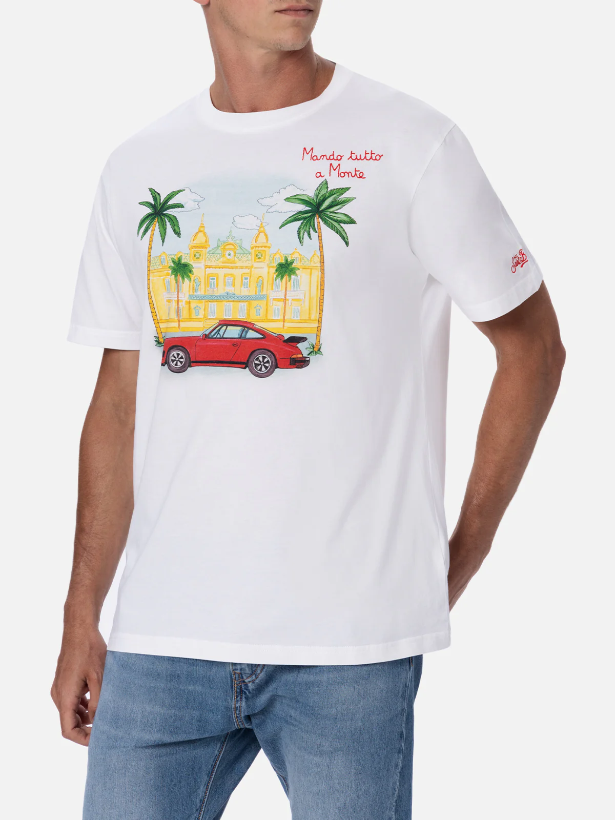 Camiseta de algodón para hombre con bordado Montecarlo y estampado colocado.