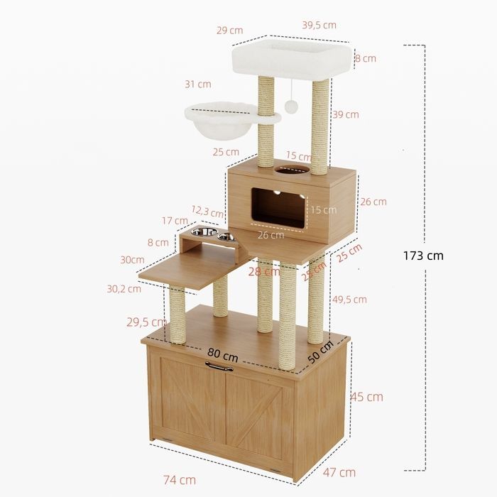 Arbre à chat -CDISPLAY -avec espace repas - 74 × 47 × 172 cm - Meuble multifonctionnel pour chat