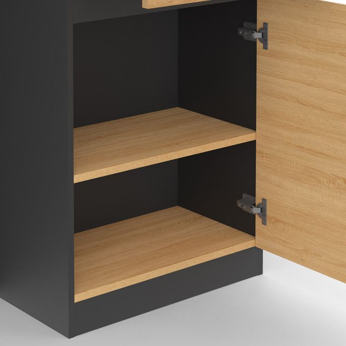 IDMARKET Ilot central TINO 120 cm avec range-bouteilles 4 personnes bois noir avec plan de travail façon hêtre