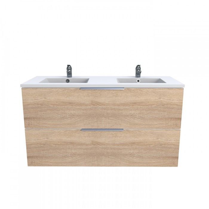 Meuble sous-vasque MALAGA 120 cm + vasque + miroir + colonne / Décor Chêne blanchi