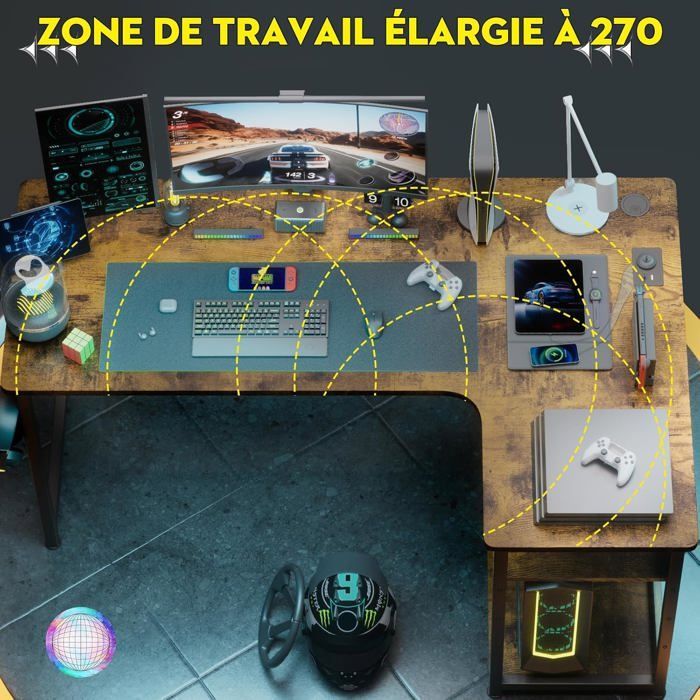 Bureau Gaming en Forme de L Marron - Étagères Rangement - Port de Charge USB - Prise de Courant