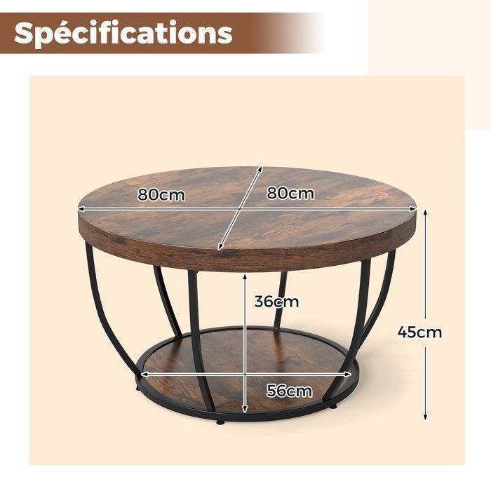 Mesa de centro COSTWAY de 80 cm y 2 niveles, estructura metálica, mesa de centro de madera, mesa auxiliar redonda para dormitorio, color marrón.
