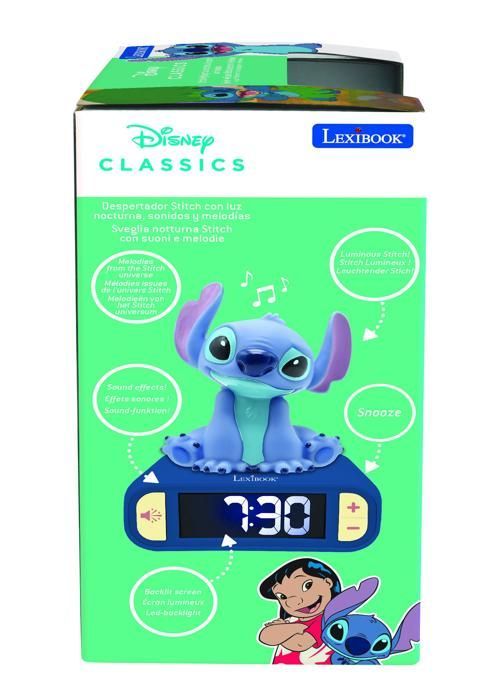 LEXIBOOK - Reloj despertador nocturno con luz de Stitch - Sonidos y melodías, pantalla LCD retroiluminada y brillante - Azul