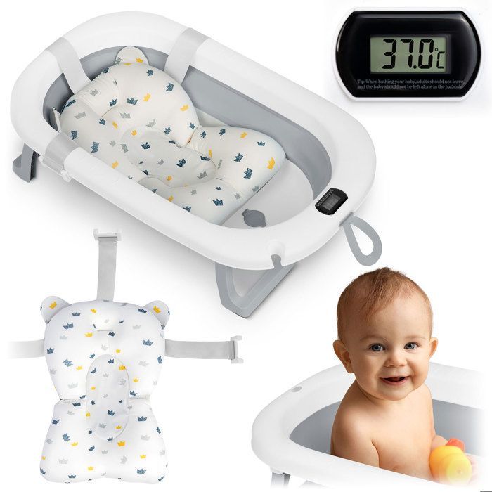 Baignoire pliable bébé - RICOKIDS - Thermomètre intégré - Insert nouveau-né - Blanc et gris - Pliable et légère