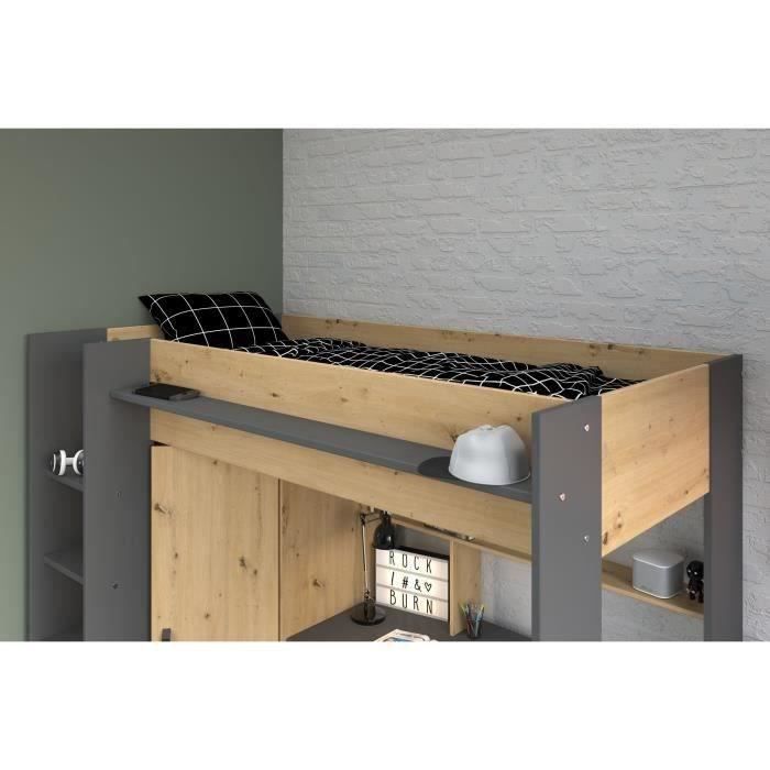 PARISOT HIGH Kinder-Hochbett – Eiche und Grau – Inklusive Lattenrost – 90 x 200 cm