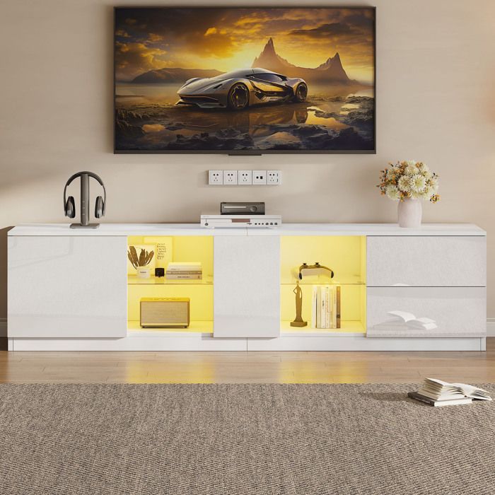Mueble para TV KoDise blanco, mueble para TV de 160 cm con iluminación LED, 2 cajones y 1 puerta - para salón y dormitorio.