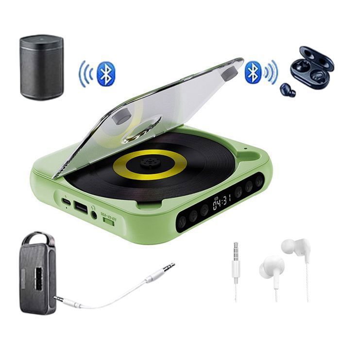 Lecteur CD Portable Bluetooth Ultra Fin - Lecteur CD/USB Rechargeable 2000mAh - Hi-Fi avec Haut-Parleur - Vert clair