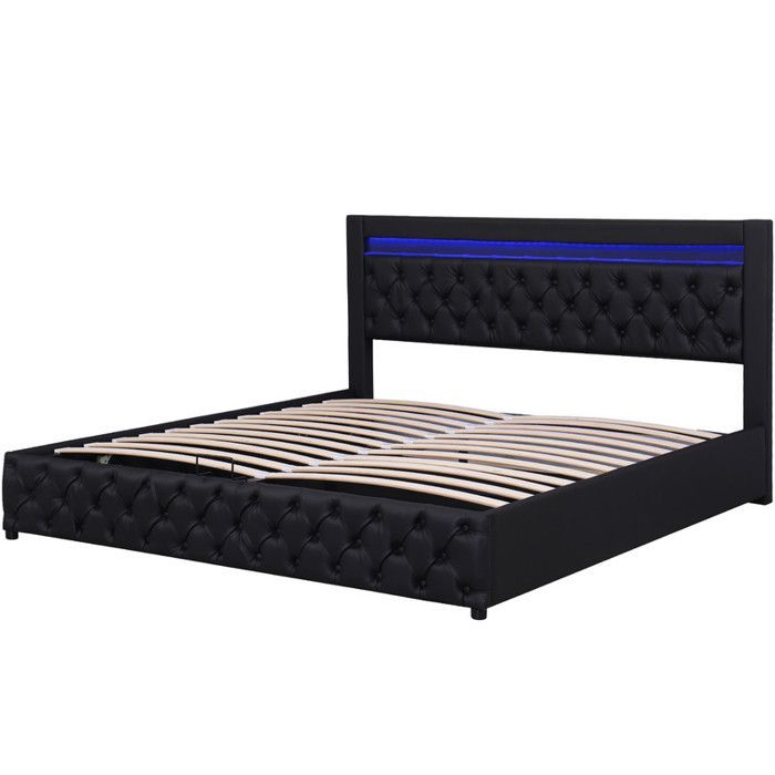 Letto matrimoniale 180x200 cm - PU - Illuminazione a LED - Sistema di contenimento idraulico - 2 posti nero