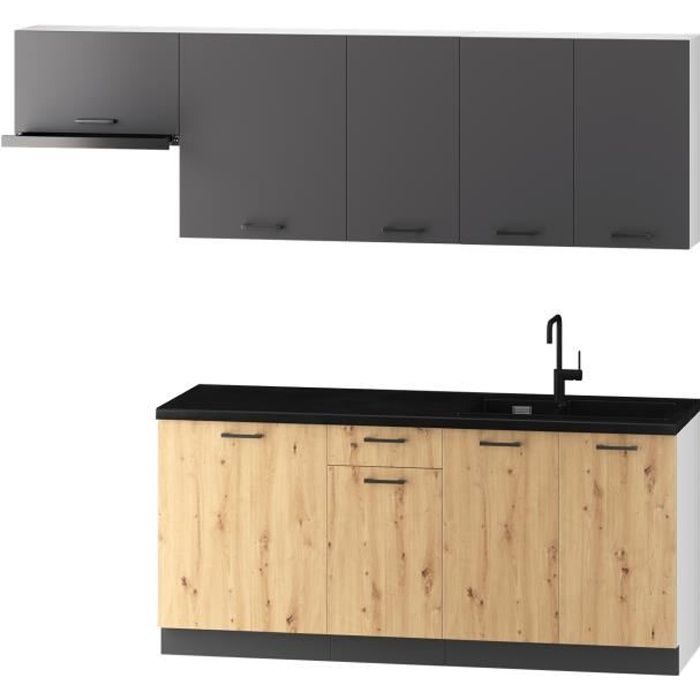 Celia 7-piece complete kitchen in matte grey-artisan oak finish - Length 240-180 cm