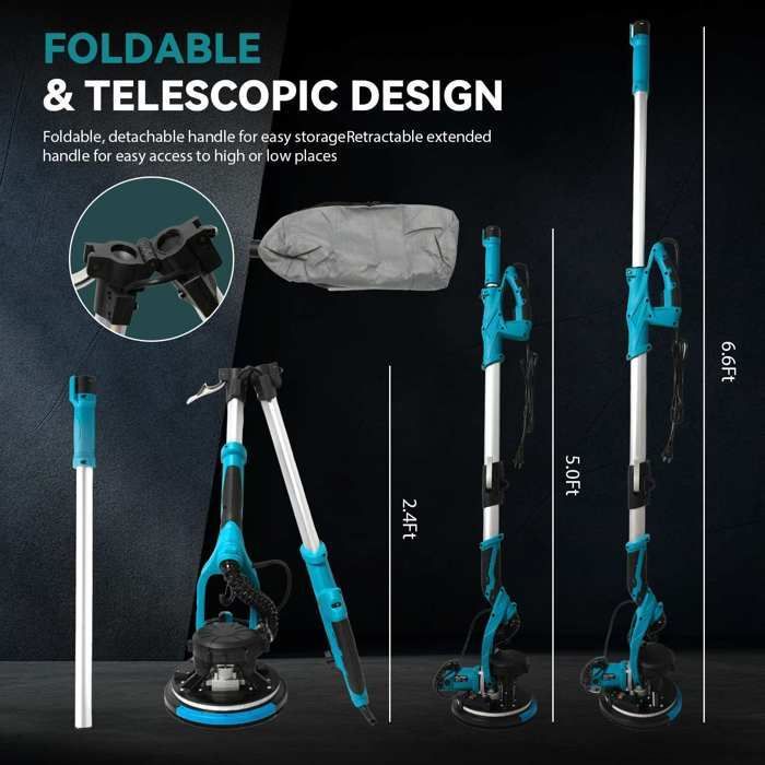Ponceuse Girafe 1250W,  avec Aspirateur Intégré, 5 Vitesses (800-1800 RPM), Lumière LED, Manche Téléscopique, 4m Cable, polissage