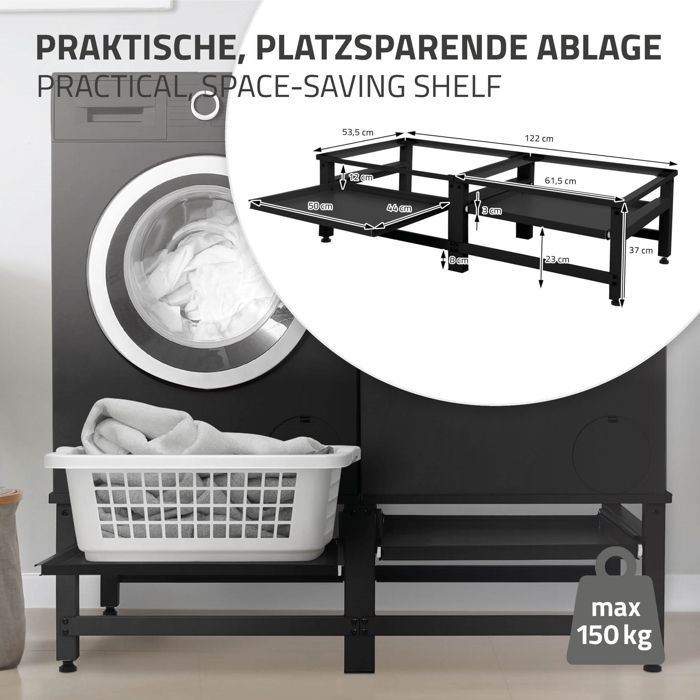 Set of 2 washing machine supports with extendable shelf, black steel, ML-Design