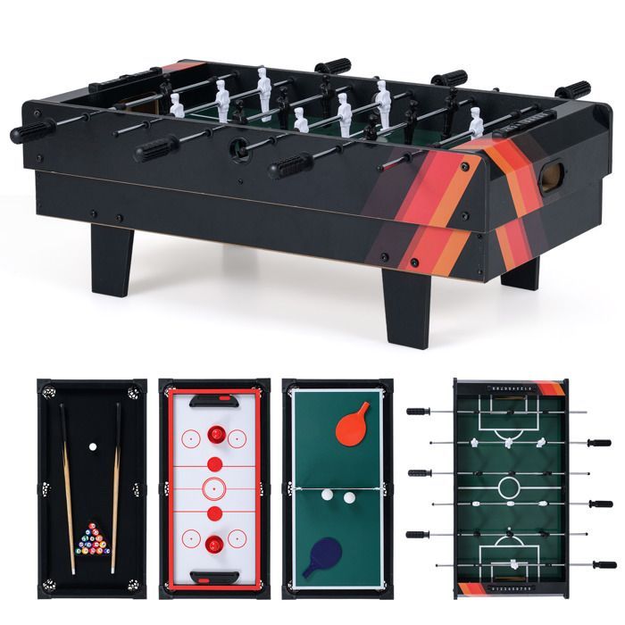 COSTWAY 4-in-1 Tischfußballtisch – Billard, Tischtennis, Hockey – Komplettes Zubehör – Stapelbare Spielfläche – 81 x 43 cm – Für Zuhause und Bar – Schwarz