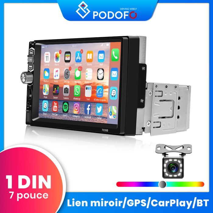 Radio para coche Podofo 1 DIN de 7 pulgadas con Bluetooth, Android Auto, CarPlay inalámbrico, enlace con espejo retrovisor, USB, controles en el volante, ranura para tarjeta TF y cámara de visión trasera.
