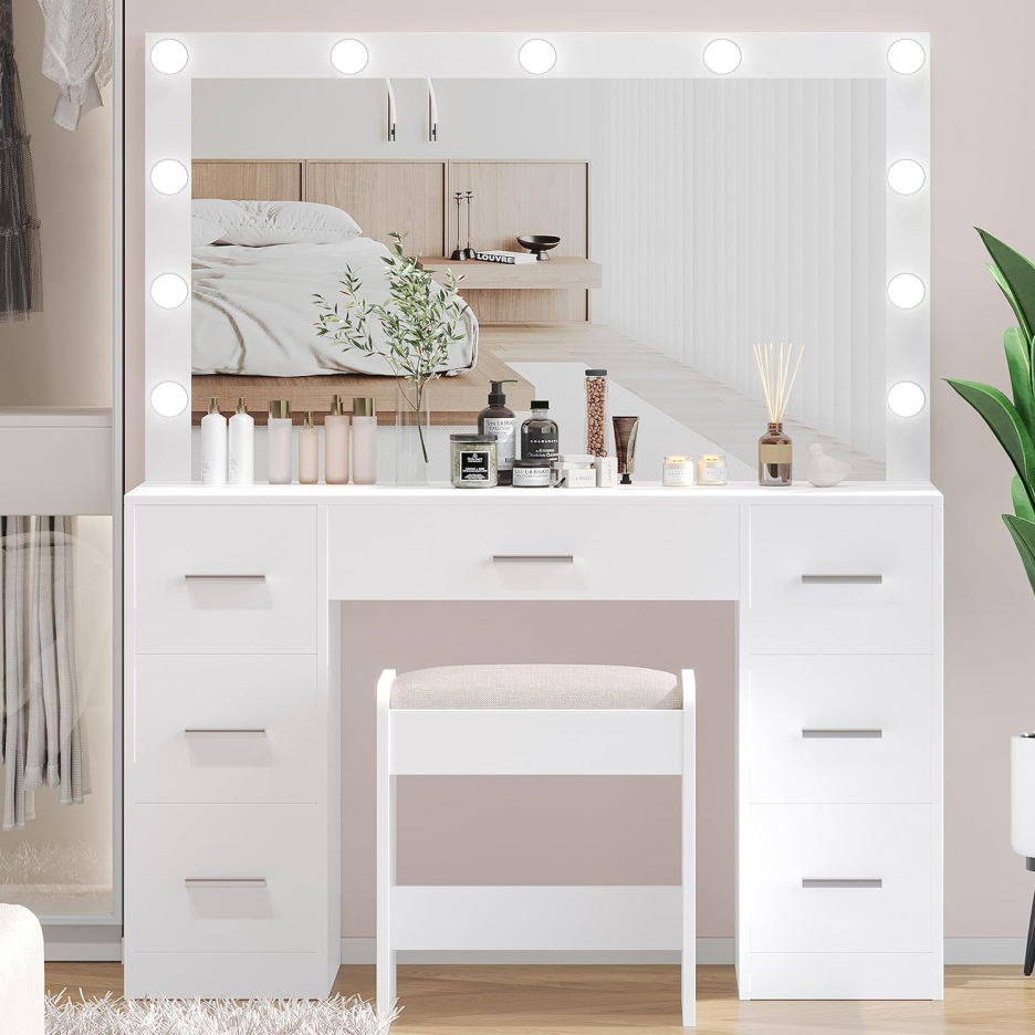Tocador con taburete, tocador con espejo iluminado, 3 modos de iluminación de color, brillo ajustable, tocador