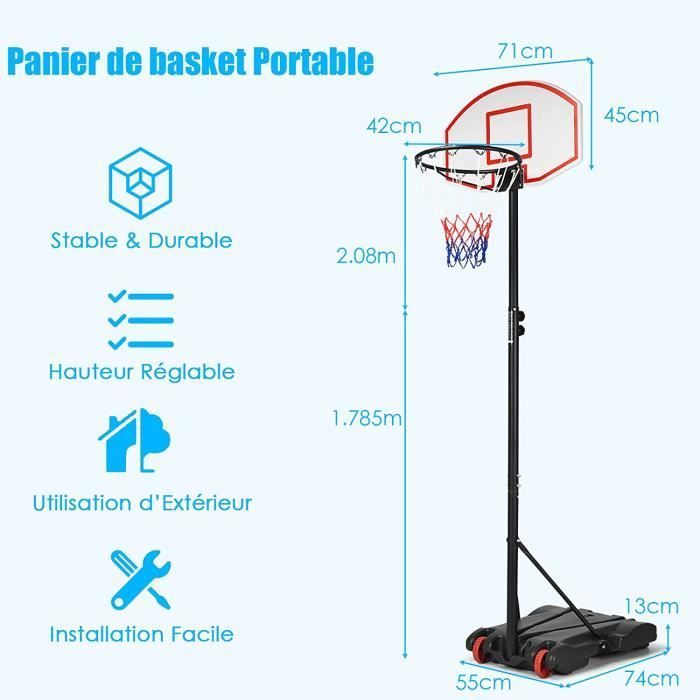 Aro de baloncesto portátil GYMAX de 178-208 cm, sistema móvil con ruedas, soporte para baloncesto para uso en interiores y exteriores.
