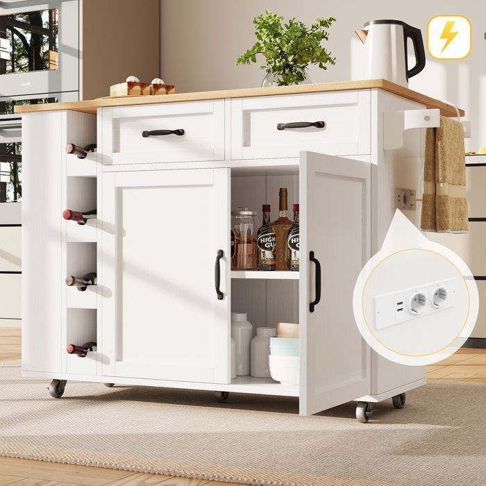 Küchenwagen – TKOPY – Ausziehbare Kücheninsel auf Rollen mit Flaschenablage – 131,5 x 43–73 x 90,7 cm – Weiß