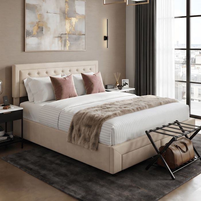 Cama doble de 180x200 cm en terciopelo beige - Almacenamiento hidráulico y amplio cajón para los pies - Cabecero capitoné - Tamaño king size - Robusta