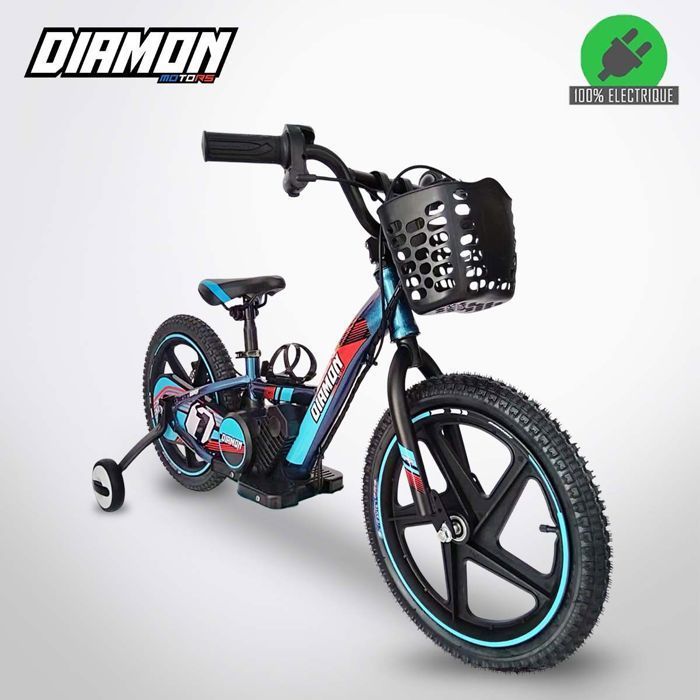 DRAXY 250W 16-inch blauwe elektrische loopfiets voor kinderen van DIAMON MOTORS – 24V 5,2Ah lithiumbatterij – 3 versnellingen