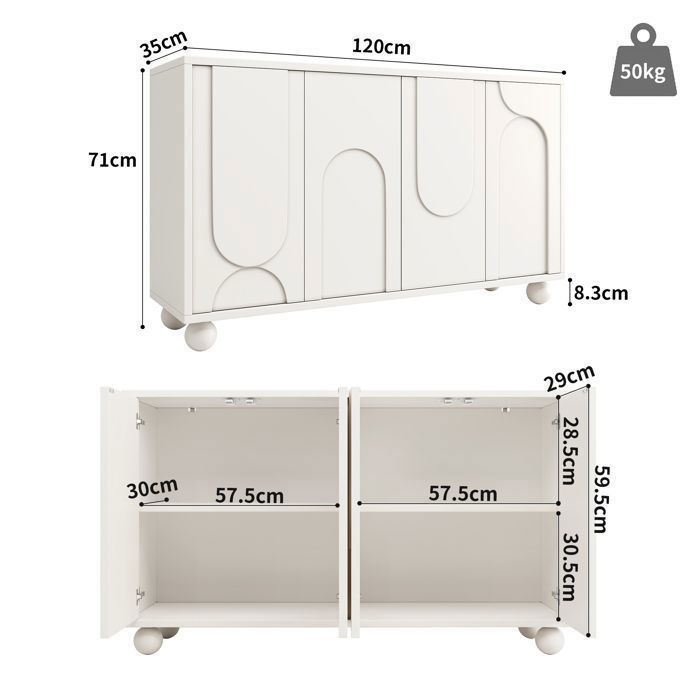 Sideboard with removable shelves, cabinet, storage unit for dining room and living room, minimalist modern art style, white