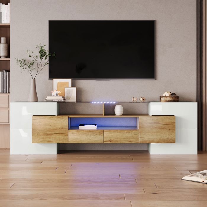 Meuble TV 200cm blanc brillant avec finition bois, LED multicolore, 6 portes, 2 tiroirs, 3 niches, surface effet verre,design modern