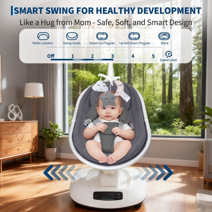 Mecedora eléctrica para bebé con 5 movimientos, velocidad regulable, mando a distancia, reclinable, arnés de 5 puntos y nanas - gris oscuro