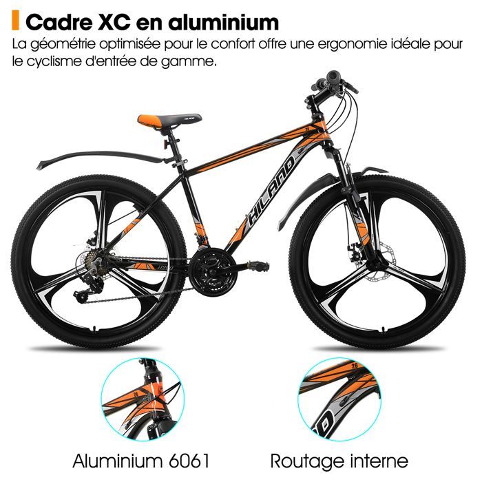 Hiland VTT adulte 26 pouces,18 vitesses,Freins à disque avant et arrière, 3 rayons,  cadre en aluminium, pour hommes et femmes