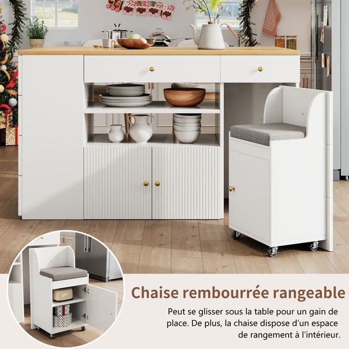 Isla de cocina con 6 cajones y taburetes, aparador con taburetes de bar, mesa de comedor extensible de 140x40 a 70x89 cm, color blanco.