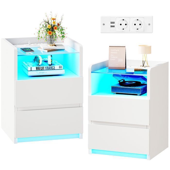 Set of 2 Bedside Tables 40×35×60cm with Glass Top, 2 USB Ports and Sockets, Adjustable LED, 2 Drawers, White