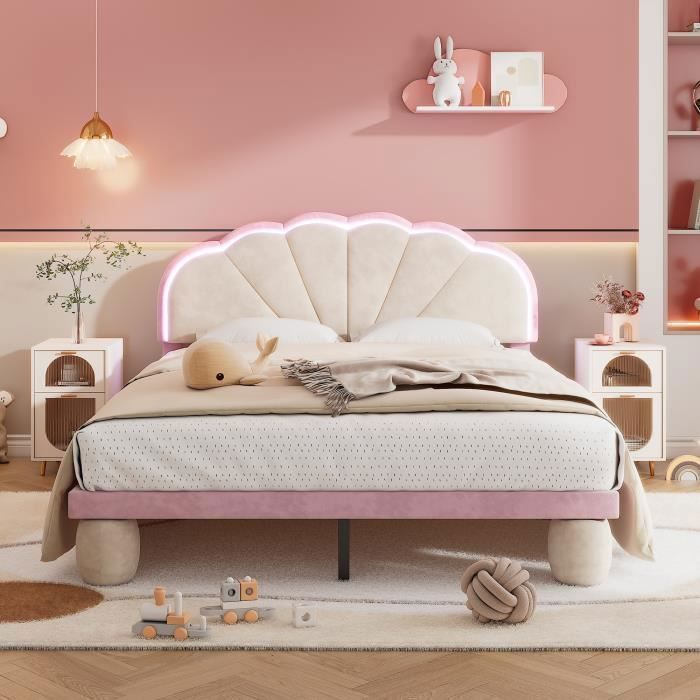 Cama doble - LEYTN - 140x200 cm - Terciopelo rosa - Cabecero iluminado - 2 plazas