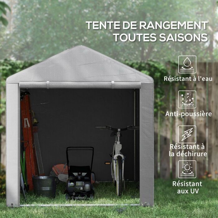 Caseta de jardín Outsunny con puerta enrollable y cremallera, ideal para bicicletas, motocicletas, leña y herramientas. Medidas: 160 x 218 x 172 cm. Color: gris claro.